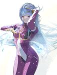  1girl bangs blue_hair closed_mouth cofffee cowboy_shot eyebrows_visible_through_hair gloves hand_in_own_hair kula_diamond long_hair navel pink_eyes simple_background solo standing the_king_of_fighters white_background 