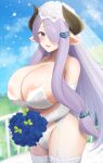  1girl areola_slip bangs bare_shoulders blue_eyes blue_flower blue_rose blurry blurry_background blush bouquet bra breasts bridal_veil cleavage commentary_request cowboy_shot elbow_gloves flower gloves granblue_fantasy hair_ornament hair_over_one_eye heart heart_hair_ornament highres horns huge_breasts lace-trimmed_bra lace_trim lingerie long_hair looking_at_viewer narmaya_(granblue_fantasy) open_mouth outdoors panties pointy_ears purple_hair rose sideboob sidelocks solo standing thighhighs thighs underwear underwear_only veil very_long_hair white_garter_belt white_gloves white_panties yue_(show-ei) 