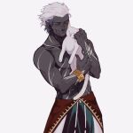  1boy animal bangs black_skin bracelet cat closed_eyes closed_mouth colored_skin cowboy_shot facing_viewer hexermer highres holding holding_animal jewelry male_focus mukai_(kof) pointy_ears short_hair simple_background standing the_king_of_fighters white_background white_hair 