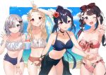  4girls alternate_hairstyle arm_up bandeau bare_shoulders bikini blonde_hair blue_bikini bow bracelet braid breasts choker cleavage closed_mouth collared_shirt cowboy_shot eyewear_on_head frilled_bikini frills green_eyes hair_bow hair_ornament halterneck hand_up hikari_yui ichinose_uruha innertube jewelry kaga_nazuna kaga_sumire kogara_toto locked_arms long_hair low_twintails lupinus_virtual_games medium_breasts mismatched_bikini mouth_hold multiple_girls navel one_eye_closed open_mouth outstretched_arm pink_bikini ponytail purple_eyes red_eyes sarong scrunchie shaved_ice shirt sidelocks small_breasts smile spoon sunglasses swimsuit twintails twitter_username v virtual_youtuber vspo! wrist_scrunchie x_hair_ornament 