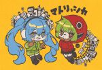  2girls bangs blue_eyes chibi cityscape facepaint full_body green_eyes green_hair grin gumi hands_on_own_face hatsune_miku headphones highres hn_(artist) hood hood_up hoodie long_hair matryoshka_(vocaloid) multicolored_eyes multiple_girls piercing pointing red_eyes ringed_eyes short_hair shorts skirt smile smiley_face twintails vocaloid yellow_background yellow_eyes 