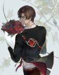  1boy artem_wing_(tears_of_themis) belt black_jacket black_pants blue_eyes bouquet brown_hair closed_mouth flower formal highres holding holding_bouquet jacket laoyepo long_sleeves looking_at_viewer looking_back pants red_flower red_rose rose short_hair solo tears_of_themis white_background 