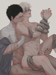  2boys abs anal ass bite_mark biting black_hair blush bound bound_wrists branch breath censored closed_eyes colored_skin commentary covered_eyes cum cum_in_ass datomato forehead_protector grey_hair hatake_kakashi hickey highres male_focus mosaic_censoring multicolored_skin multiple_boys muscular muscular_male nail_polish naruto_(series) naruto_shippuuden navel neck_biting nude open_mouth pectorals penis reverse_upright_straddle saliva scar scar_on_face sex short_hair sitting sitting_on_person sweat two-tone_skin uchiha_obito yaoi 