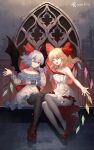  2girls :d ;) absurdres adapted_costume alternate_costume bat_wings black_legwear blonde_hair blue_hair closed_mouth commentary crystal dated dress flandre_scarlet frilled_dress frills full_body furahata_gen hair_between_eyes hair_ribbon highres long_sleeves looking_at_viewer mary_janes medium_hair moon multiple_girls no_hat no_headwear off-shoulder_dress off_shoulder one_eye_closed open_hand open_mouth pantyhose ponytail red_eyes red_footwear red_moon red_ribbon remilia_scarlet ribbon shoes short_hair siblings signature sisters sleeveless sleeveless_dress smile thighhighs touhou white_dress white_legwear window wings 