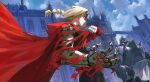  1boy 1other absurdres ahoge alphonse_elric armor automail blonde_hair brick building chimney cloud coat commentary_request edward_elric full_armor fullmetal_alchemist gloves highres letro long_hair looking_back outdoors ponytail red_coat red_eyes screw single_glove spikes torn_clothes white_gloves 