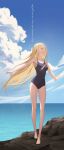  1girl absurdres barefoot blonde_hair blue_eyes blue_sky blue_swimsuit breasts cloud competition_school_swimsuit copyright_name day highres horizon kofune_ushio kz_d long_hair medium_breasts outdoors outstretched_arms rock school_swimsuit sky standing summertime_render swimsuit 