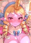  1girl artist_name bangs blonde_hair blue_bow blue_bowtie blurry blurry_background blush bow bowtie breasts cafe_cuties_soraka closed_mouth colored_skin cum cum_on_body cum_on_breasts darklux facial gem highres holding holding_plate horns indoors large_breasts league_of_legends long_hair maid_headdress pink_skin plate red_eyes single_horn smile soraka_(league_of_legends) thought_bubble 
