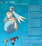  1boy 1girl artist_name blue_background blue_hair breasts character_name character_profile english_commentary english_text fins hat_feather head_fins highres kinkymation medium_breasts medium_hair mermaid monster_girl non-web_source personification poke_ball poke_ball_(basic) pokemon purple_hair seadra 