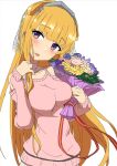  1girl bangs blonde_hair blunt_bangs blush bouquet breasts comala_(komma_la) double_bun eyebrows_visible_through_hair fletcher_(kancolle) flower hair_ornament headgear highres holding holding_bouquet kantai_collection long_hair long_sleeves looking_at_viewer medium_breasts official_alternate_costume parted_lips pink_flower purple_eyes purple_flower simple_background solo star_(symbol) star_hair_ornament upper_body white_background yellow_flower 