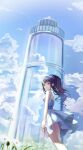  1girl absurdres blue_sky blush breasts closed_mouth cloud dress flower frills highres hyonee long_hair looking_at_viewer medium_breasts ponytail project_sekai purple_eyes purple_hair sky solo standing sundress tower white_bird white_dress white_flower 