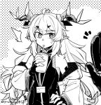  1girl ahoge arknights bare_shoulders cup disposable_cup dragon_horns drinking_straw_in_mouth gloves greyscale hand_up highres holding holding_cup horns jacket leizi_(arknights) long_hair monochrome off_shoulder open_clothes open_jacket out_of_frame pointy_ears shirt simple_background solo_focus sweatdrop thick_eyebrows twitter_username very_long_hair white_background yom_(ymayma00ss) 
