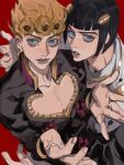  2boys bangs black_hair blonde_hair blue_eyes blunt_bangs bob_cut braid bruno_buccellati cleavage_cutout clothing_cutout giorno_giovanna hair_ornament hairclip highres jojo_no_kimyou_na_bouken male_focus multiple_boys okappa_(bobbed001) open_hands puppetjackmj vento_aureo 