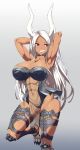  1girl abs absurdres animal_ears armpits arms_behind_head bangs boku_no_hero_academia breasts choker cleavage dark-skinned_female dark_skin dress final_fantasy final_fantasy_xiv grey_dress grey_panties highres large_breasts long_eyelashes long_hair looking_to_the_side mirko muscular muscular_female navel panties parted_bangs pelvic_curtain rabbit_ears rabbit_girl red_eyes revealing_clothes see-through simple_background smile solo standing standing_on_one_leg teeth thigh_armor thighs toned torahime_(roland00) underwear viera white_hair 