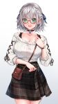  1girl bag braid breasts cleavage french_braid glasses green_eyes highres hololive large_breasts long_sleeves n15e open_mouth plaid plaid_skirt ribbed_shirt shirogane_noel shirt short_hair shoulder_bag skirt solo virtual_youtuber 