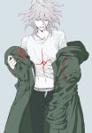  1boy baggy_clothes bangs black_pants collarbone commentary_request danganronpa_(series) danganronpa_2:_goodbye_despair grey_background grey_eyes grey_hair grey_shirt highres jacket komaeda_nagito male_focus medium_hair messy_hair navel open_clothes open_jacket open_pants pale_skin pants plaid_male_underwear print_shirt shirt simple_background solo standing stomach tamiguchi_(pgrnr2vukkbdcz8) 