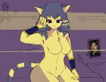  animal_crossing ankha_(animal_crossing) anthro blackpatapon breasts felid feline female hair hi_res humanoid looking_at_viewer mammal nintendo simple_background solo video_games waking_up yellow_body 