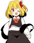  1girl ;d bangs black_skirt black_vest blonde_hair collared_shirt cowboy_shot darkness fang hair_ribbon ini_(inunabe00) long_sleeves one_eye_closed open_mouth red_ribbon ribbon rumia shirt short_hair simple_background skin_fang skirt smile solo standing touhou vest white_background white_shirt 