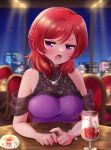  1girl :o blush bracelet breasts candle chair cup dress drinking_glass happy_birthday highres indoors jewelry large_breasts looking_at_viewer love_live! medium_hair mixed-language_commentary necklace night nishikino_maki pov_across_table pov_dating purple_dress purple_eyes red_hair ritaso see-through sitting solo table wine_glass 