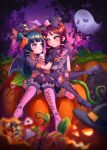  2girls absurdres artist_name ascot bangs bat_wings blunt_bangs blurry blurry_foreground blush boots bow carrying closed_mouth commentary cross-laced_footwear dark_blue_hair dated demon_tail english_commentary frilled_bow frills ghost hair_bow halloween hand_on_another&#039;s_chin hat highres jack-o&#039;-lantern knee_boots lace-up_boots light_smile long_hair love_live! love_live!_school_idol_festival love_live!_sunshine!! mixed-language_commentary multiple_girls neck_ruff night official_alternate_costume on_lap on_pumpkin on_shoulder oversized_object pink_footwear pinstripe_pattern princess_carry puffy_short_sleeves puffy_sleeves purple_bow purple_eyes purple_footwear purple_headwear purple_legwear purple_shirt purple_sky red_hair sakurauchi_riko senkun shirt short_sleeves side_bun single_bang sitting sleeveless striped striped_shirt stroking_another&#039;s_chin tail tombstone tsushima_yoshiko vertical-striped_shirt vertical_stripes wings witch_hat yellow_eyes yuri 