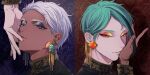  2boys aqua_gemstone aqua_hair blue_background dark-skinned_male dark_skin earrings eyeshadow finger_to_another&#039;s_mouth gold_trim half-closed_eyes hand_on_another&#039;s_cheek hand_on_another&#039;s_face hand_up highres hoooot66 jade_leech jewelry kalim_al-asim long_sleeves looking_at_viewer makeup male_focus multicolored_hair multiple_boys orange_gemstone out_of_frame pale_skin parted_lips patterned_background portrait red_background red_eyes short_hair streaked_hair twisted_wonderland white_hair yellow_eyes 