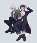  2boys ahoge alternate_costume arm_up artist_name bandaid bandaid_on_cheek bandaid_on_face bangs black_choker black_footwear black_jacket black_pants boleum_(dgrpluna) brown_eyes brown_hair choker closed_mouth collarbone commentary_request danganronpa_(series) danganronpa_2:_goodbye_despair frown green_jacket grey_background grey_hair grey_shirt highres hinata_hajime holding jacket komaeda_nagito long_sleeves male_focus messy_hair multiple_boys pants plant potted_plant print_shirt shiny shiny_hair shirt shoes short_hair simple_background sunglasses 