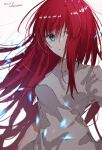  1girl aozaki_aoko bangs blue_eyes blurry blurry_foreground closed_mouth dated hair_over_one_eye highres long_hair looking_at_viewer red_hair shirt short_sleeves simple_background smile solo sungoidekame tsukihime twitter_username upper_body white_background white_shirt 