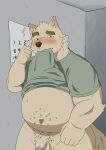 2022 anthro balls belly big_belly black_nose blush canid canine canis clothed clothing clothing_lift domestic_dog flaccid genitals hi_res humanoid_genitalia humanoid_hands humanoid_penis kemono male mammal navel o_hashi2020 overweight overweight_male penis shirt shirt_lift solo topwear 