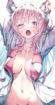  1girl coyote_ears coyote_girl groin hakui_koyori hololive long_hair looking_at_viewer navel one_eye_closed open_clothes open_mouth open_shirt out-of-frame_censoring pink_hair purple_eyes redcomet solo stomach 