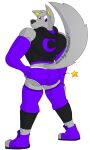  anthro bottomwear butt canid canine canis clothed clothing fur hair hoodie looking_back male mammal moon muscular notkastar pose purple_clothing purple_eyes shorts solo star topwear wolf zatch_(character) 