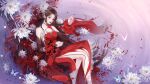  1girl brown_hair bug butterfly cleavage_cutout clothing_cutout dress flower hair_rings highres huo_linger_(wanmei_shijie) huo_linger_tongren_she long_hair red_dress ripples sitting solo spider_lily upper_body wanmei_shijie water 
