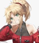  1girl bangs blonde_hair blush braid breasts fate/apocrypha fate_(series) french_braid green_eyes hair_ornament hair_scrunchie long_hair long_sleeves looking_at_viewer mordred_(fate) mordred_(fate/apocrypha) parted_bangs ponytail scrunchie sidelocks small_breasts smile solo tonee 