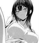  bangs blush breasts camisole cardigan collarbone commentary_request greyscale hair_between_eyes hair_ribbon hiiragi_yuuichi large_breasts long_hair looking_at_viewer monochrome off_shoulder original parted_lips ribbon single_bare_shoulder takamine_takane thighs upper_body 