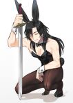  1boy alternate_costume alternate_hairstyle animal_ears black_bow black_hair bow bowtie closed_eyes closed_mouth commentary_request constantine_xi_(fate) covered_abs covered_navel crossdressing detached_collar earrings fake_animal_ears fake_tail fate/grand_order fate_(series) grey_background hand_on_hilt holding holding_sword holding_weapon jewelry leotard light_smile long_hair male_focus male_playboy_bunny one_knee pantyhose pectoral_cleavage pectorals playboy_bunny rabbit_ears rabbit_tail rkp shadow simple_background solo strapless strapless_leotard sword tail thighhighs toned toned_male weapon wing_collar wrist_cuffs 