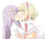  2girls alice_margatroid arnest blonde_hair blush closed_eyes collared_shirt crescent crescent_hair_ornament eyebrows_visible_through_hair hair_ornament hairband highres kiss kiss_day lolita_hairband long_hair multiple_girls patchouli_knowledge puffy_short_sleeves puffy_sleeves purple_eyes purple_hair red_hairband shirt short_hair short_sleeves simple_background tongue tongue_out touhou upper_body white_background white_shirt 