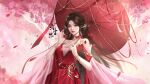  1girl absurdres brown_hair chinese_clothes collar dress hair_ornament hair_rings hand_in_own_hair highres holding holding_umbrella huo_linger_(wanmei_shijie) huo_linger_tongren_she long_hair open_mouth pink_umbrella red_dress smile teeth umbrella wanmei_shijie 