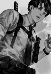  1boy bangs belt black_hair black_necktie chainsaw_man cigarette ear_piercing greyscale highres holding holding_lighter katana kishibe_(chainsaw_man) kishibe_(young)_(chainsaw_man) knife lighter looking_at_viewer monochrome necktie piercing seki_(fyfyfy) short_hair simple_background sleeves_rolled_up smoke smoking solo strap sword watch weapon 