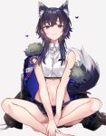  1girl animal_ear_fluff animal_ears bangs barefoot belt black_hair black_jacket blue_skirt breasts buttons closed_mouth collared_shirt crop_top ear_piercing extra_ears fox_ears fox_girl fox_tail fur-trimmed_jacket fur_trim grey_background heart highres hikari_yui ichinose_uruha indian_style jacket kemonomimi_mode long_hair lupinus_virtual_games midriff miniskirt navel piercing purple_eyes shirt simple_background sitting skirt sleeveless sleeveless_shirt small_breasts smile solo tail v_arms virtual_youtuber vspo! white_shirt 