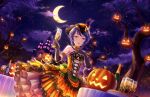  1girl alcohol artist_request bare_tree bat bat_wings castle champagne character_request copyright_request crescent_moon dress glass halloween highres jack-o&#039;-lantern layered_dress looking_at_viewer moon night night_sky orange_dress pumpkin purple_eyes purple_hair short_hair sky solo table third-party_source tree wings 
