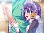  :o akaza blush bridal_gauntlets censored cum ejaculation game_cg green_eyes hair_ribbon handjob huge_penis jpeg_artifacts maid maid-san_to_ookina_ken mosaic_censoring open_mouth penis penis_awe purple_hair reach-around ribbon solo_focus surprised yukuha_natsume 