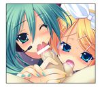  aqua_nails blonde_hair blue_eyes blush censored colored_eyelashes eyelashes fellatio green_eyes green_hair hatsune_miku headset hetero himukai_kyousuke kagamine_rin licking multiple_fellatio multiple_girls nail_polish one_eye_closed oral penis ribbon short_hair testicle_licking vocaloid yellow_nails 