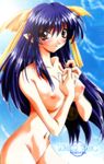 alicia_(lunar_wing) asuka_keisuke blue_hair blush breasts cloud day elf embarrassed groin hair_ribbon large_breasts long_hair lowres lunar_wing navel nipples orange_eyes outdoors pointy_ears ribbon sky solo standing sun very_long_hair 