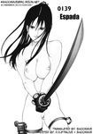  breasts gantz gloves greyscale gun highres katana large_breasts lips long_hair monochrome nipples nude oku_hiroya shimohira_reika solo sword weapon x-gun 