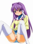  blush clannad fujibayashi_kyou highres hikarizaka_private_high_school_uniform panties pussy school_uniform skirt skirt_lift solo spread_legs sugimura_tomokazu thighhighs uncensored underwear 