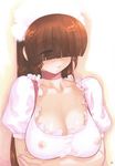  bangs blush breast_hold breasts brown_hair choker cleavage dress fujiyama_shizuka gaiking gaiking:_legend_of_daikuu_maryuu hair_over_one_eye hechi highres large_breasts long_hair maid nipples see-through solo 