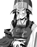  breasts closed_mouth collar cum cum_on_clothes cum_on_hair detached_sleeves dress expressionless facial greyscale holding large_breasts long_sleeves looking_at_viewer monochrome nekorin seto_no_hanayome shiranui_akeno short_hair sidelocks solo wince 