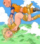  1girl android_18 artist_request breasts cloud day doggystyle dragon_ball dragon_ball_z flying hetero kuririn midriff nature navel nipples oekaki outdoors sex small_breasts 