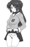  clannad greyscale hair_bobbles hair_ornament ichinose_kotomi monochrome panties panty_pull shichimenchou skirt skirt_lift solo two_side_up underwear 