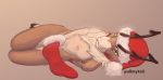  2018 anthro antlers brown_fur bulge cervine chest_tuft christmas clothing fur green_eyes hands_behind_back hat holidays horn legwear looking_at_viewer lying male mammal mostly_nude multicolored_fur nipples on_side penis_outline pullmytail reindeer santa_hat simple_background solo stockings tuft two_tone_fur 