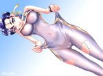  blue_bodysuit blue_eyes blue_hair bodysuit bodysuit_pull breasts cameltoe chun-li double_vertical_stripe large_breasts nipples pussy see-through sheer_bodysuit skin_tight solo street_fighter torn_clothes underboob 