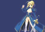  artoria_pendragon_(all) blonde_hair breasts fate/stay_night fate_(series) green_eyes highres long_legs ngo no_panties pubic_hair saber small_breasts solo sword thighhighs weapon 
